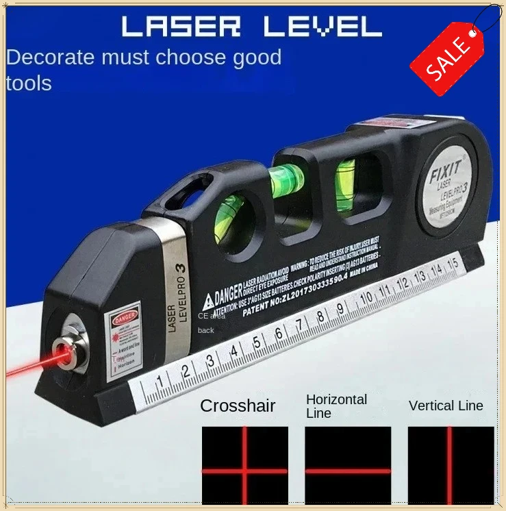 Multifunctional Cross-line Laser Level Tool with 2.5M Measuring Tape Metric Ruler for Measuring Work