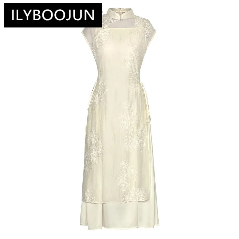 

ILYBOOJUN Summer High Quality New Arrivals Women Dress Vintage Pearls Button Flowers Embroidery Lace Up Elegant Gorgeous Dresses