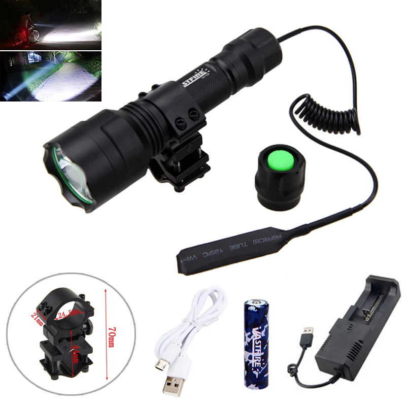 Tactical Hunting Torch White LED Light Hunting Flashlight+Rifle Mount +Remote Pressure Switch+1*18650 Battery+USB Charger