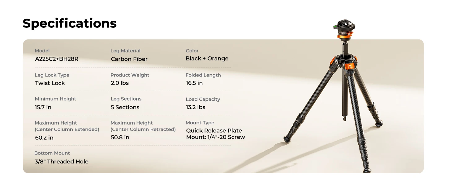 K&F CONCEPT 60 Zoll Carbon Stativ für Kamera DSLR Flexible Mittelachse 13.2lb Belastung Leichtes Reisestativ für Fotografie – Detail 10