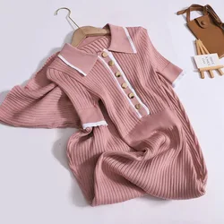 YuooMuoo Chic Fashion Wrap Hips Knitted Long Dress 2024 Early Autumn Short Sleeve Buttons Sweater Dress Streetwear Lady Outfits
