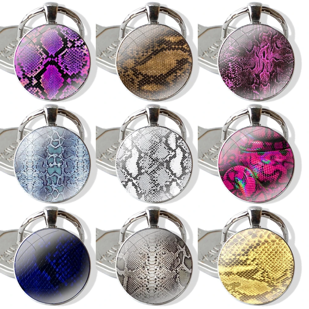 Keychain Handmade Glass Cabochon Key Ring Holder Pendant Key Chains Snake Skin Crocodile Pattern