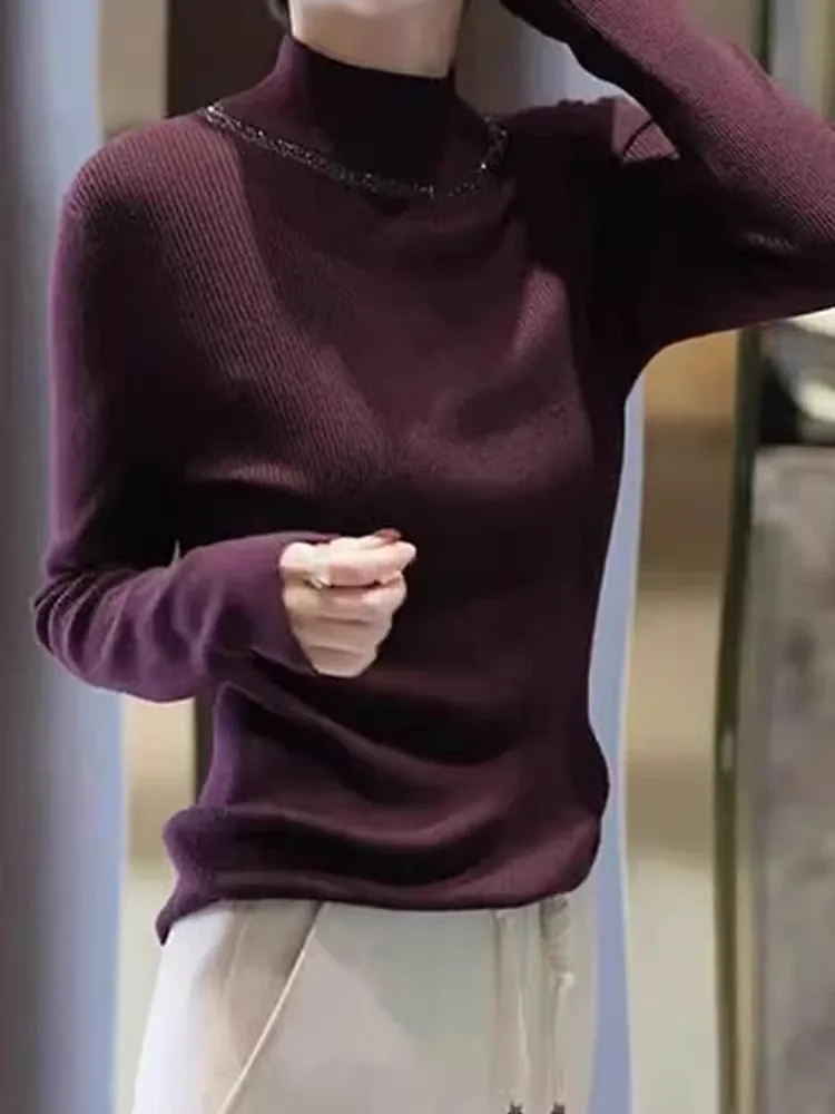 

Casual Long Sve f High Ne Knitted Sweater Base irt Inner Wear Design Sense Simple Ele Knitwear Top Commute Sle