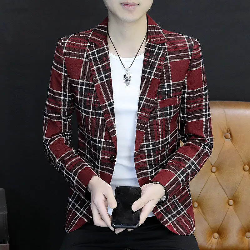 

Мужская приталенная повседневная куртка в клетку, осенняя модная студенческая верхняя одежда, 95,4% полиэстер, 4,6% спандекс, воротник-стойка, длинный рукав