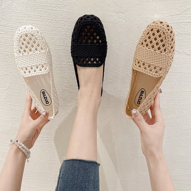 2024New Summer PVC Flats Casual Hollow Out Flat-soled Women Shoes Outer Wear Non-slip Fashionable Baotou Solid Sandals for Women