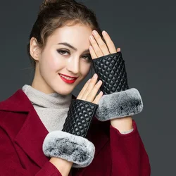 Women's Autumn and Winter 100% Genuine Leather Half Finger Fashion Gloves Sheepskin Half Palm Dew Finger Luxury Warm Gloves