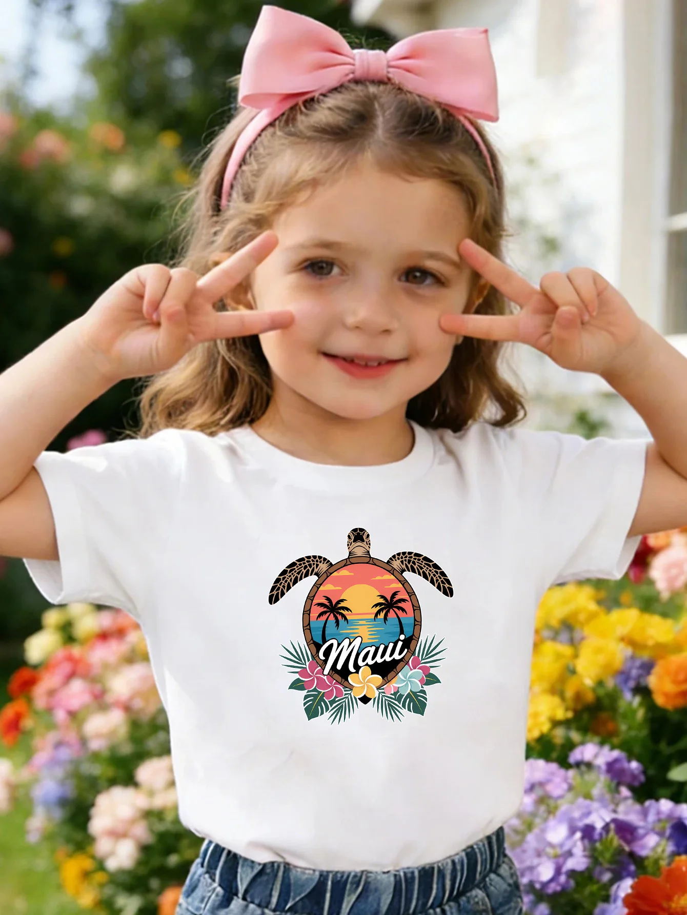 Tropical Maui Turtle Sunset Floral Beach Print Kids Tee Boys Girls Cotton Summer Soft Casual Unisex Kids Short Sleeve Shirts