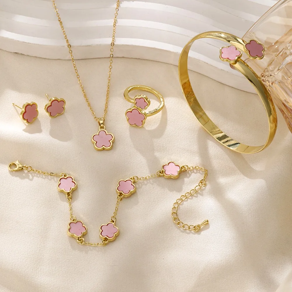 Fashion Alloy Jewelry Set Five Leaf Flower Plum Blossom Necklace Laser Metal Girls Bracelet Women\'s Necklace Party Jewelry