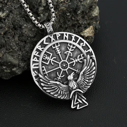 Nordic Vikings Stainless Steel Compass Rune Pendant Necklace For Men Women Vintage Odin Raven Necklaces Amulet Jewelry Wholesale