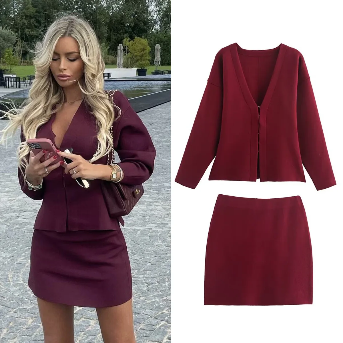 Vintage Chic Wine Red Women Mini Knitted Dress Sets V-Neck Long Sleeve Curvy Cardigans Fashion Short 2 Piece Skirt Suit Elegant