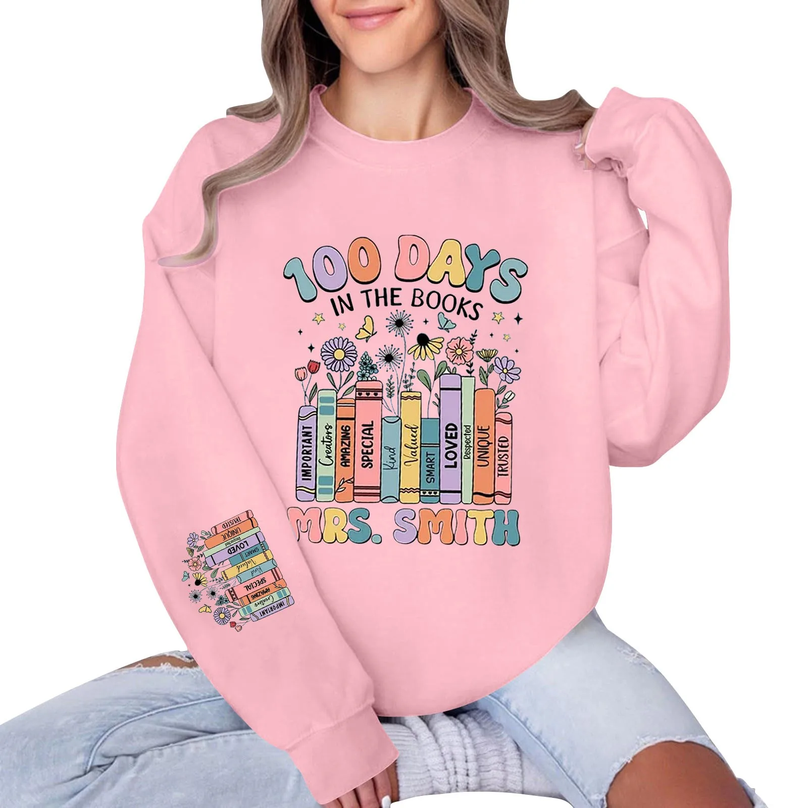 100 Days In The Book Sweatshirt Women Novelty Long Sleeve With Book Print Happy 100th Day Of School Shirt Female Preppy Pullover