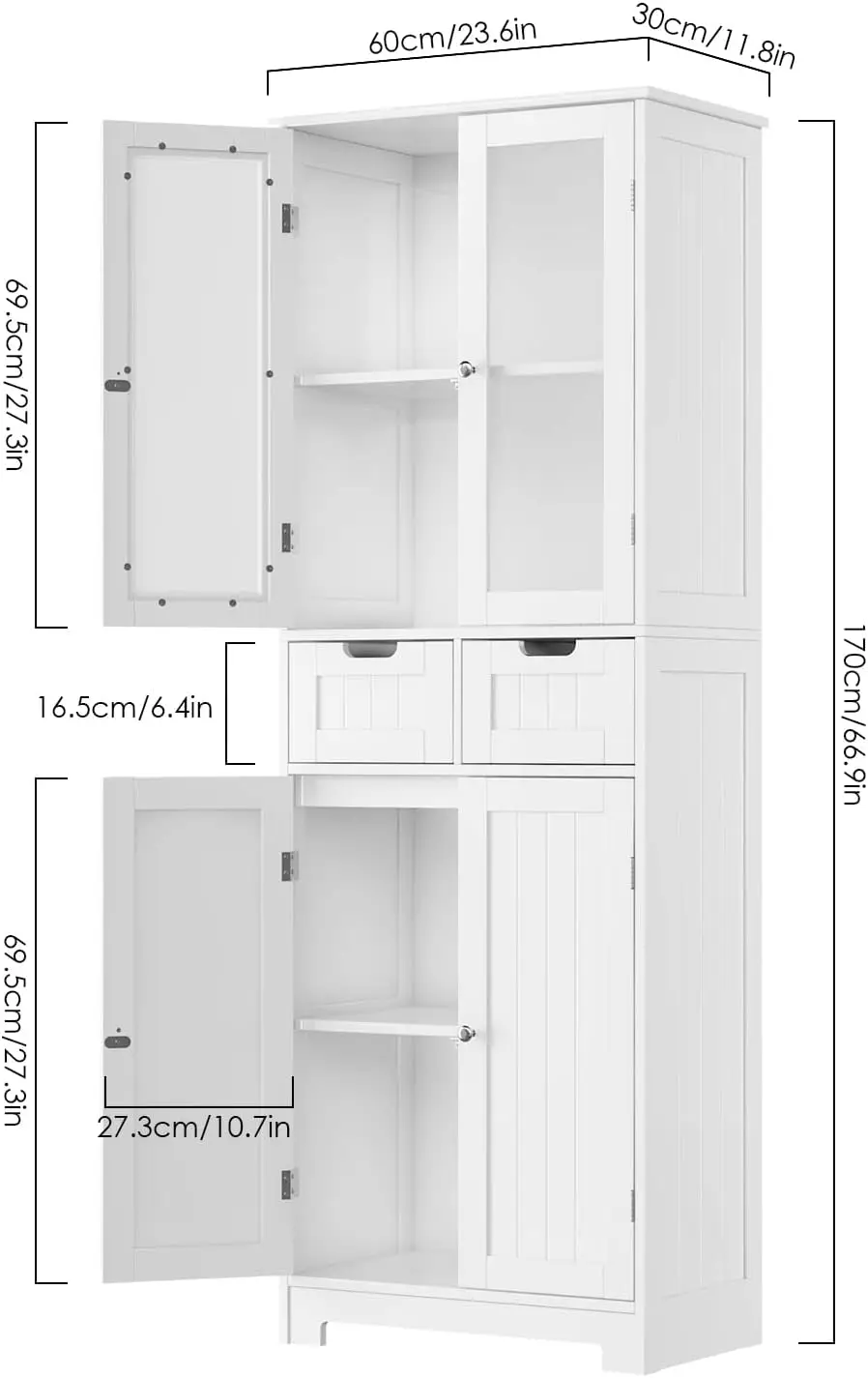 Storage Cabinet, Freestanding Pantry Cabinet with Glass Door and Shelves, Linen Bathroom Cabinet with 2 Drawer