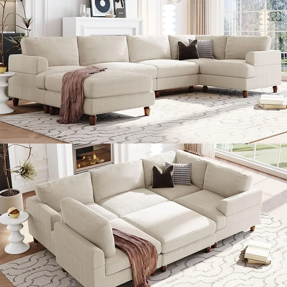 

L/U 6 Seaters Free Combined Corner Sofa&Couch Convertible Spacious Sleeper Sofabed for Living Room with Movable Ottoman