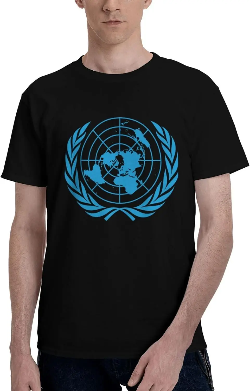 

UN Emblem Blue Short Sleeve T-Shirt Cotton Soft Breathable Crew-Neck Black