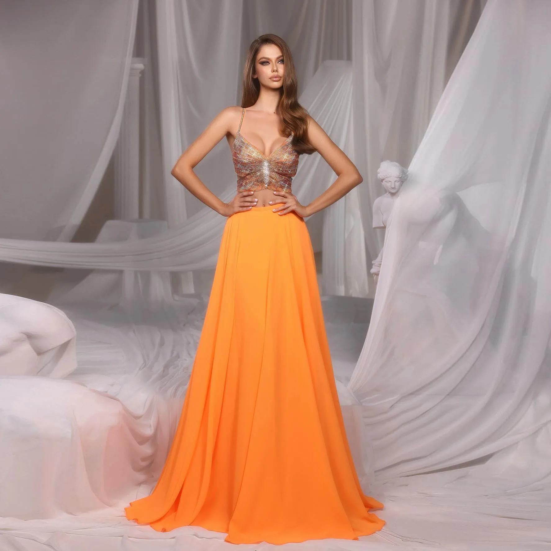 

Eye Catching Hot Orange A-line Long Women Chiffon Skirts To Party High End Floor Length Wedding Guest Skirt Women Maxi Skirt