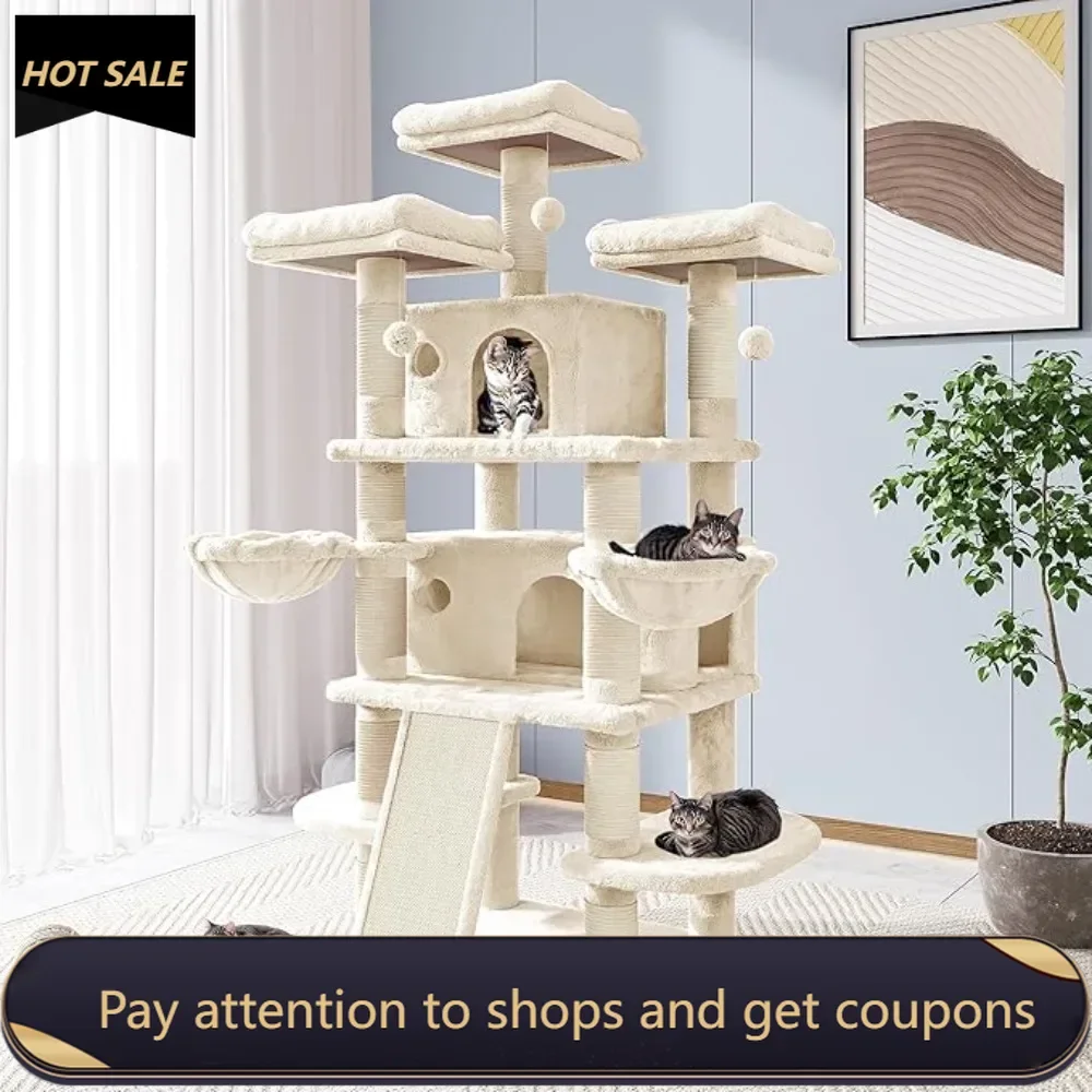 

68 Inches Cat Tree/Cat Tree House and Towers Cat Condo/Cat Tree Scratching Post/Multi-Level Large Cat Tree/Beige Freight free