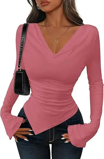 Tops asimétricos para mujer Camisas de manga larga Otoño 2025 Camisetas básicas ajustadas con abertura fruncida Camiseta de manga larga con cuello en V para salir