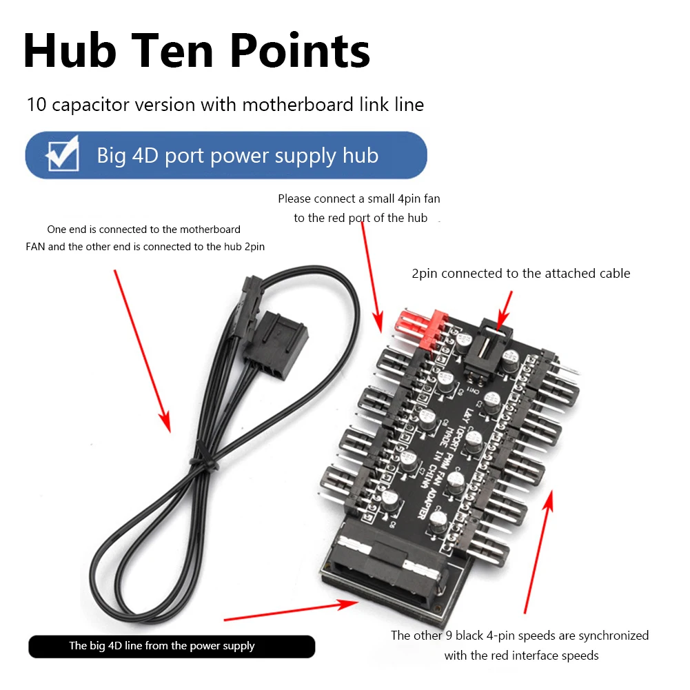 Moederbord 1 tot 10pin Fan 4 Pin PWM Koeler Fan HUB Splitter Uitbreiding 12 V Voeding Socket PC Speed controller Adapter