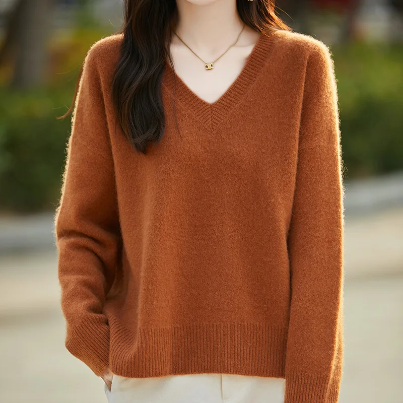 100% Pure Wool Knitted Loose Sweaters For Women V-neck Long Sleeve Standard Cashmere Knitwear 2024 Autumn/Winter Female Tops