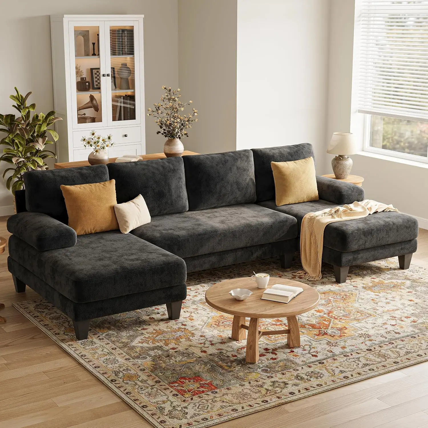 U-Shaped Sectional Sofa for Living Room 112 Inch Modern Chenille Double Chaise for Apartment Black, Customized
