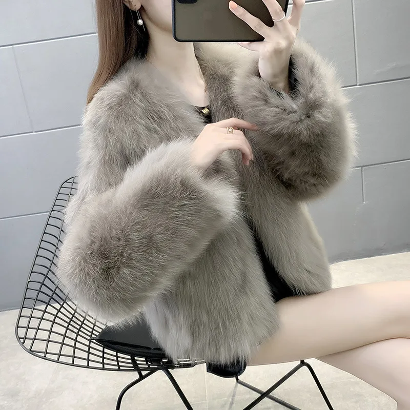 جديد فو الثعلب الفراء الخفيفة الفاخرة الشتاء الخامس الرقبة معطف الفرو المرأة أزياء قصيرة الأكمام الطويلة #2