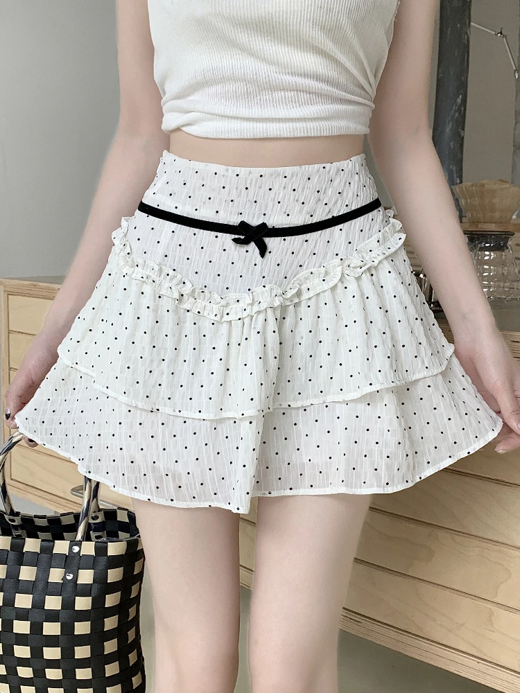 

ADAgirl Coquette Dot Print Mini Skirt Women Ruffles High Wasit A-line Cake Skirts Balletcore Aesthetics Bandage Skirt Sweet Girl