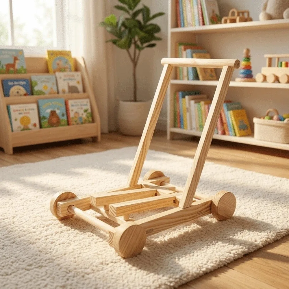 Adjustable Speed Height No-Knot Wood Baby Walker Wheeled Push-Pull Non-Toxic Baby Walking Trainer Safe Sturdy Durable