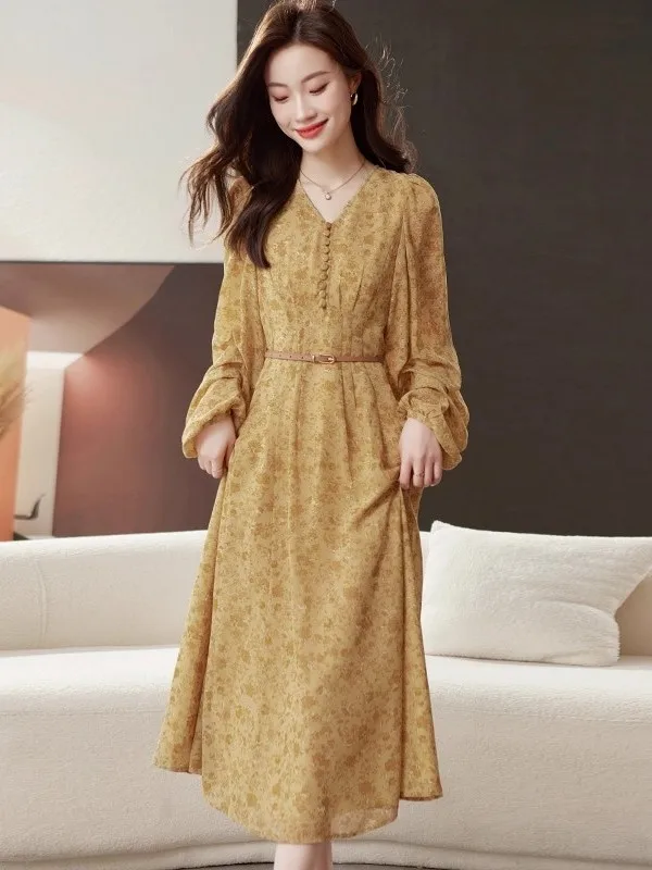

Yellow Chiffon Long Sleeve Floral Print Dress Vintage V Neck Gentle Style Autumn Winter Spring Dress for Women High Waist a L...