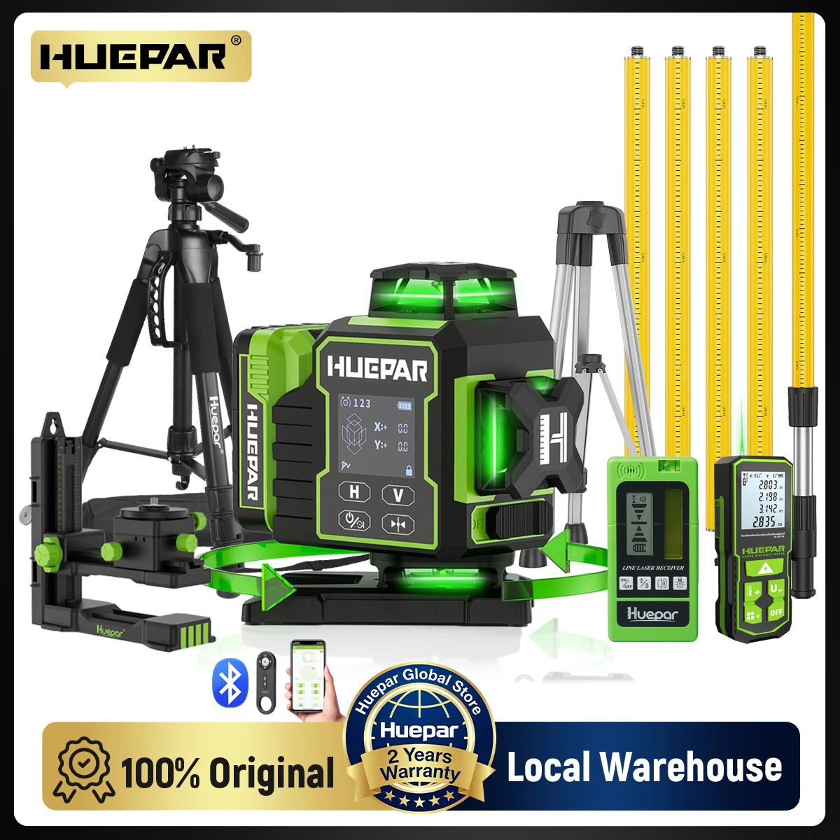 Ensemble de niveaux laser 4D HUEPAR W04CG, auto-nivelant, lignes croisées, faisceau laser vert, avec télécommande, écran LCD, kit d'alignement Bluetooth