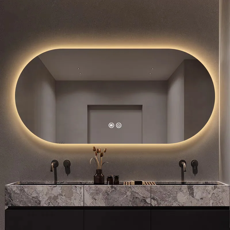 Espejo De Baño inteligente elíptico para Hotel, Espejos iluminados con LED, montaje en pared, antivaho, 3 colores que cambian