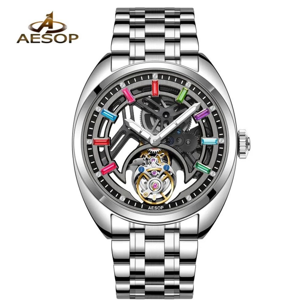 AESOP Tourbillon Movement Mechanical Watch For Men Skeleton Fashion Color Diamond Wrist Watches Mens Luxury Sapphire Mirror 7062