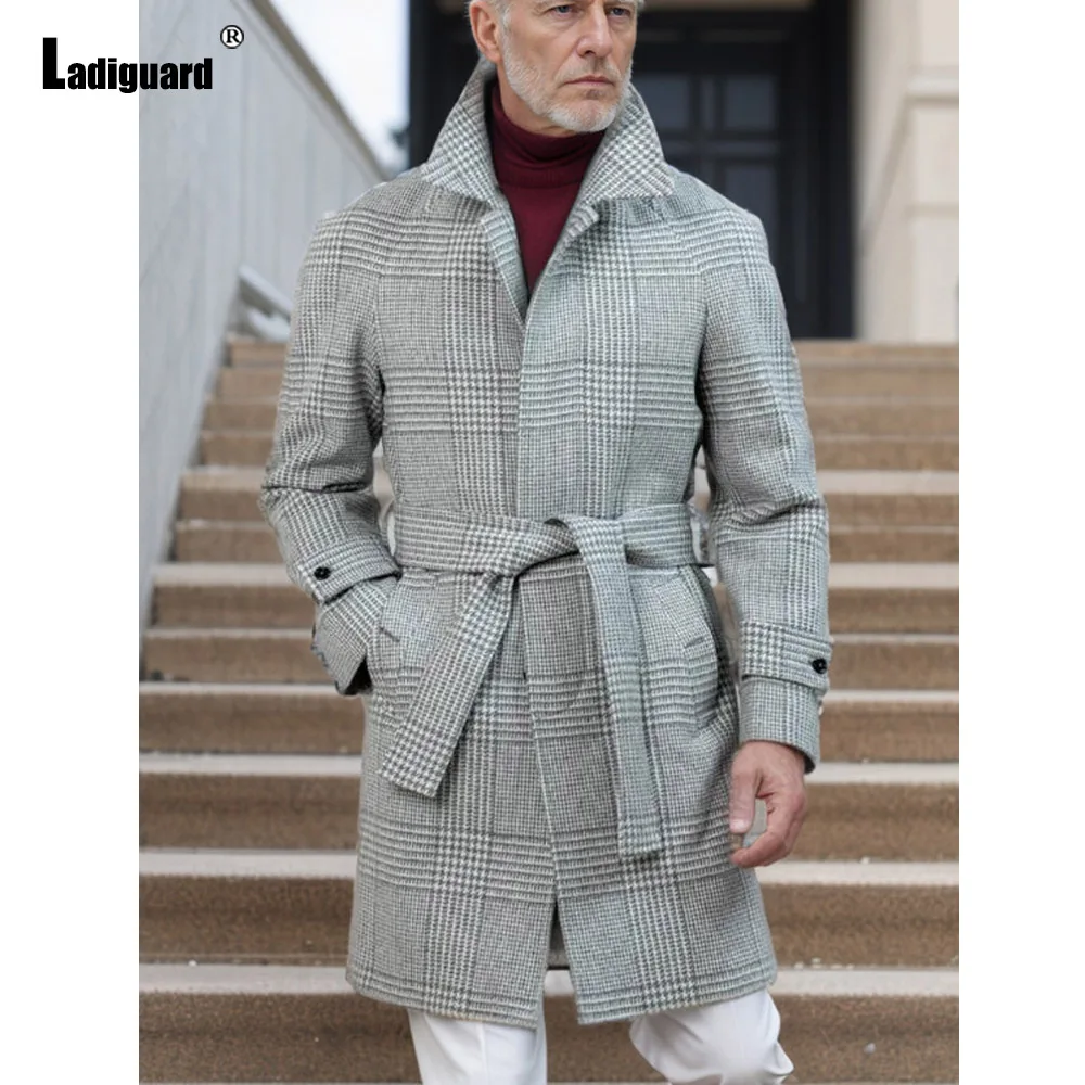 Ladiguard 2024 Wool Blend Jacket Men Fashion Plaid Pockets Long Trench Coats Lepal Collar Basic Tops Plus Size Mens Outerwear