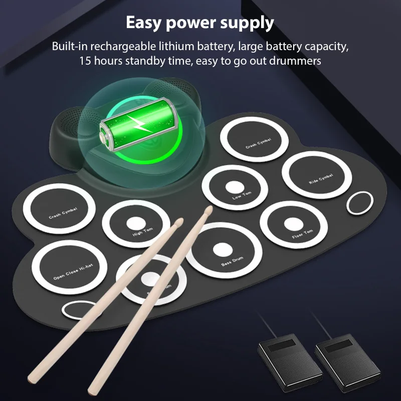 Electronic Drum Set Hand Roll Drum Set with Drumsticks Foot Pedal 9 Pads Dual Speaker Supports Connection MIDI Gaming Pad Drum