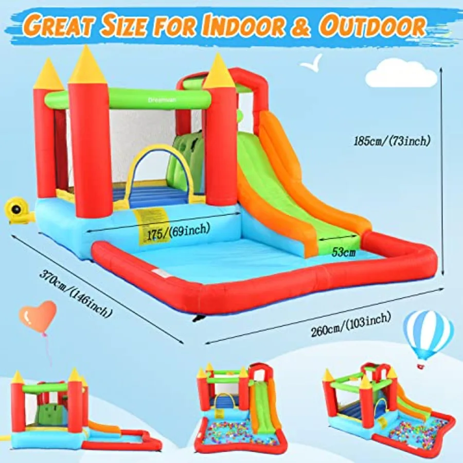 Casa de rebote, castillo de rebote inflable con soplador para niños de 3 a 12 años, parque acuático de casa inflable para exteriores/interiores (146" x 103" x 73")