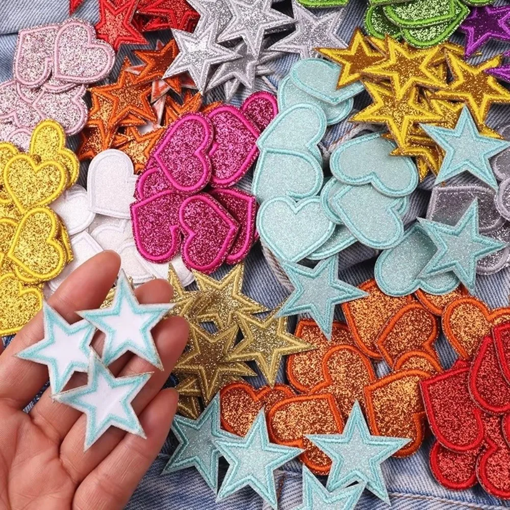 14/17 Pcs Colorful Embroidery Patch Heart Shape Sparkle Iron On Patches Iron On Application Star Shape Five-pointed Star Patch