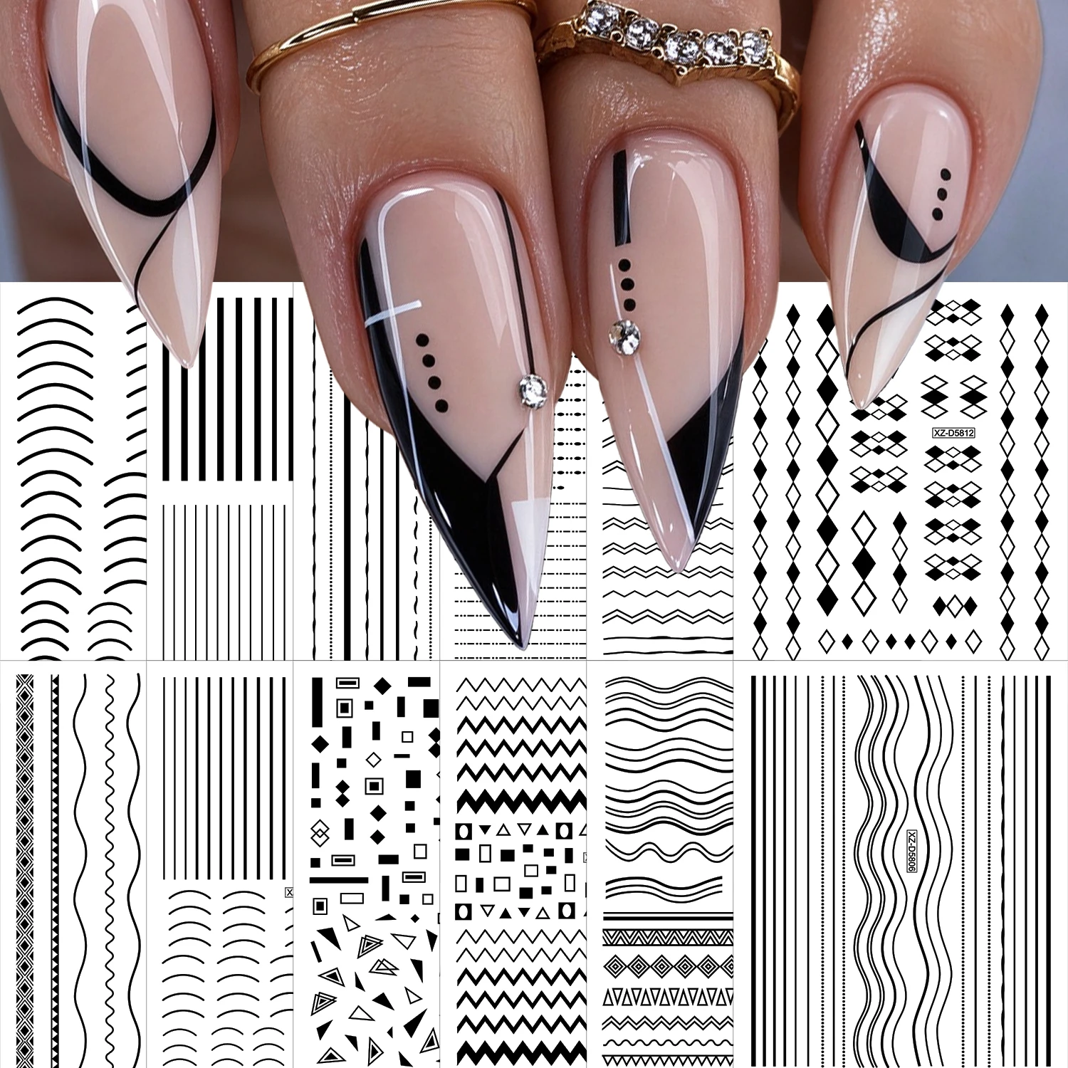 12pcs Black Line Nail Stickers Minimalist Geometric Dot Wave Stripe Triangle Rhombus French Line Self-Adhesive Nail Art Decals