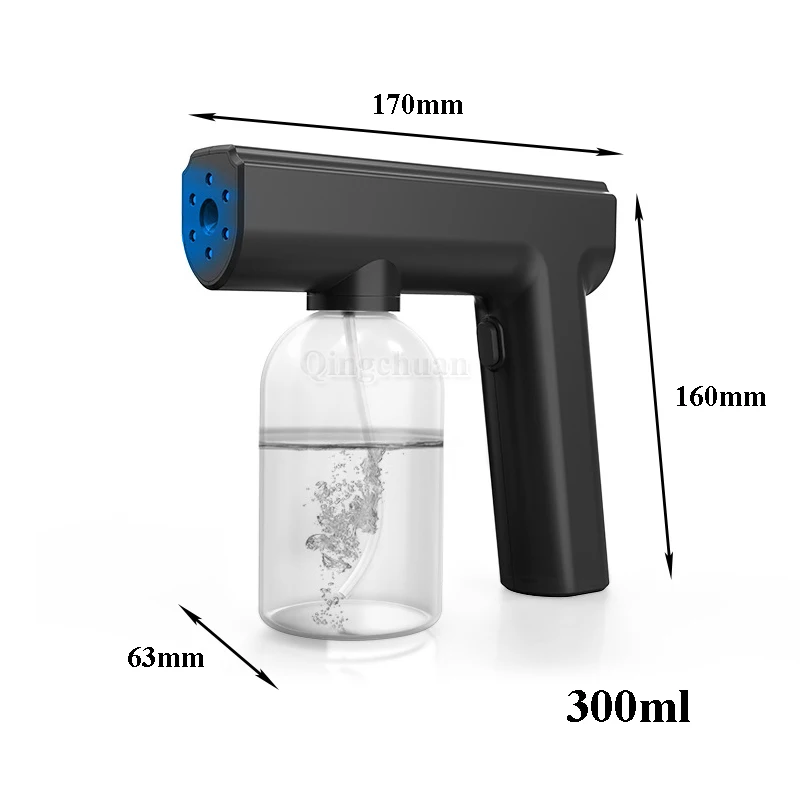 Pistola pulverizadora de desinfección Nano inalámbrica, atomizador portátil de mano recargable por USB, pulverizador esterilizador de luz azul para el hogar, 300ml