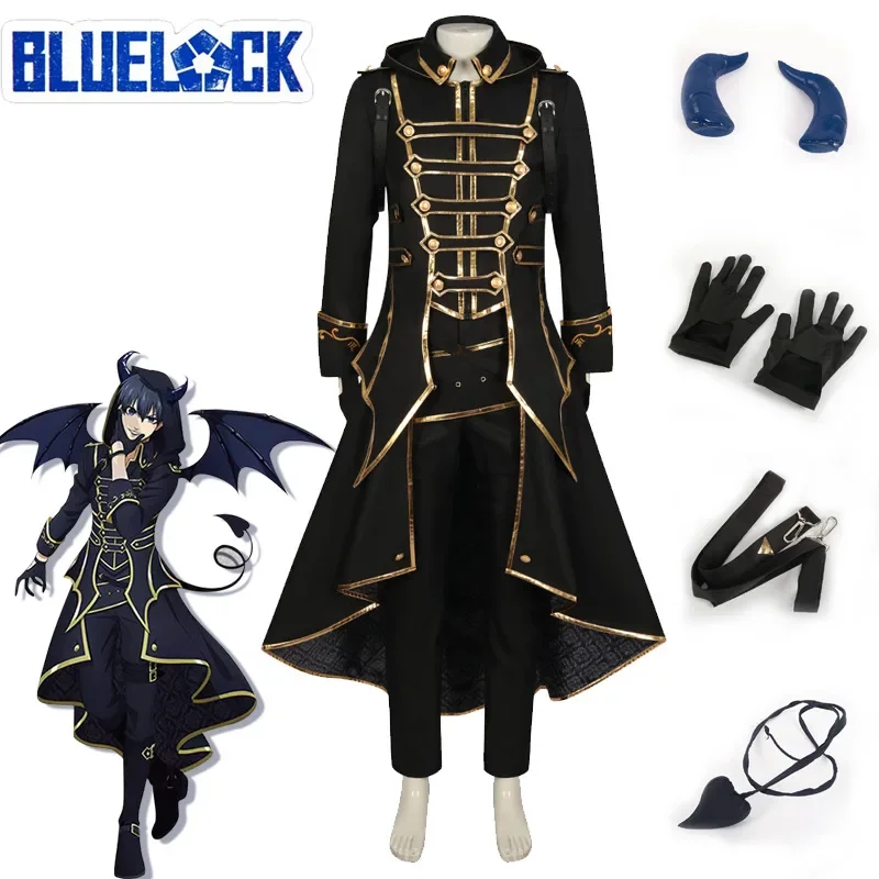 Anime Blue Lock Cosplay Cos Isagi Yoichi Costume Devil Suit Demon Isagi Black Uniform Pants Clock Gloves Horns Cos Clothing