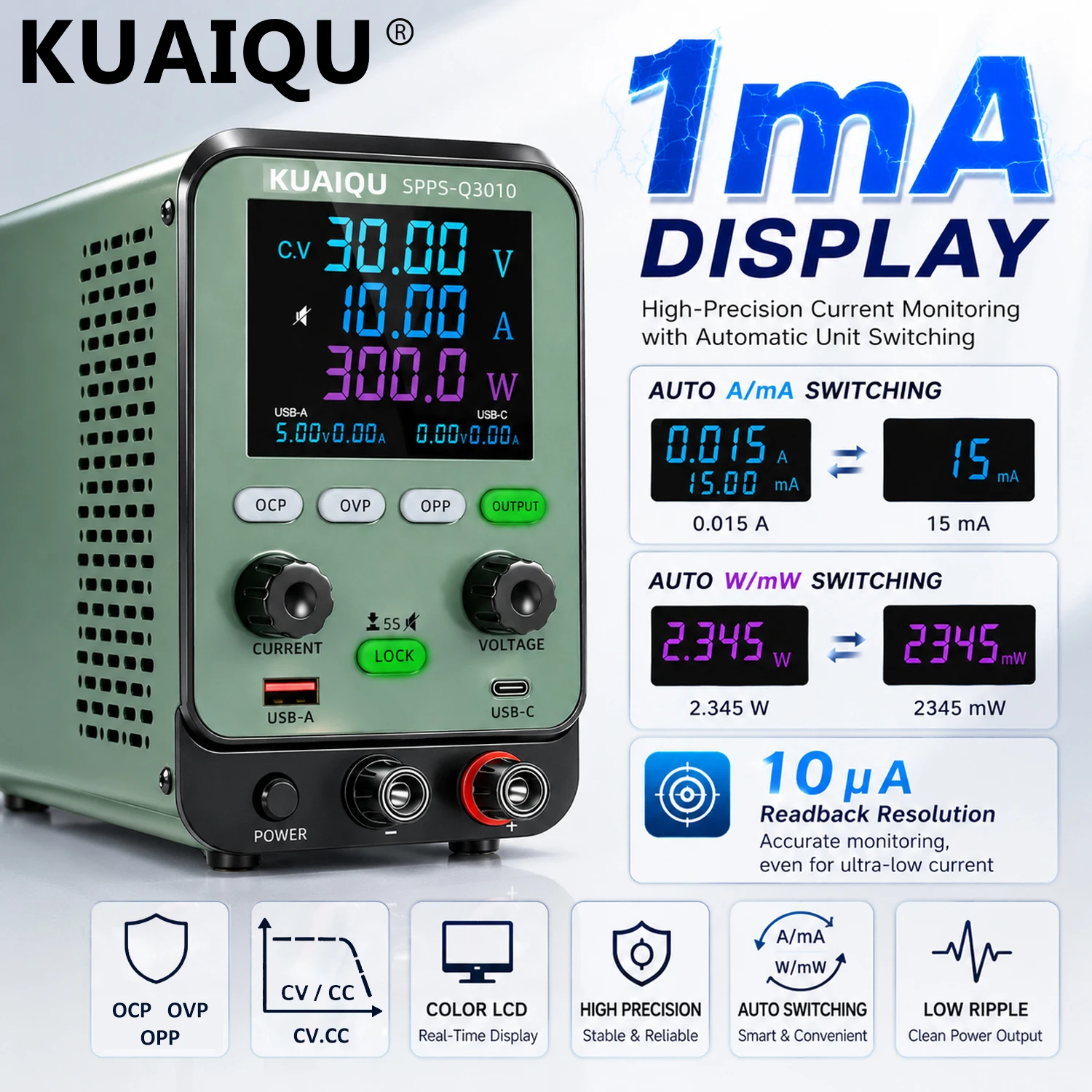 kuaiqu-30v-10a-lab-dc-power-supply-1ma-current-resolution-high-resolution-for-ic-sensor-embedded-low-power-electronics-testing