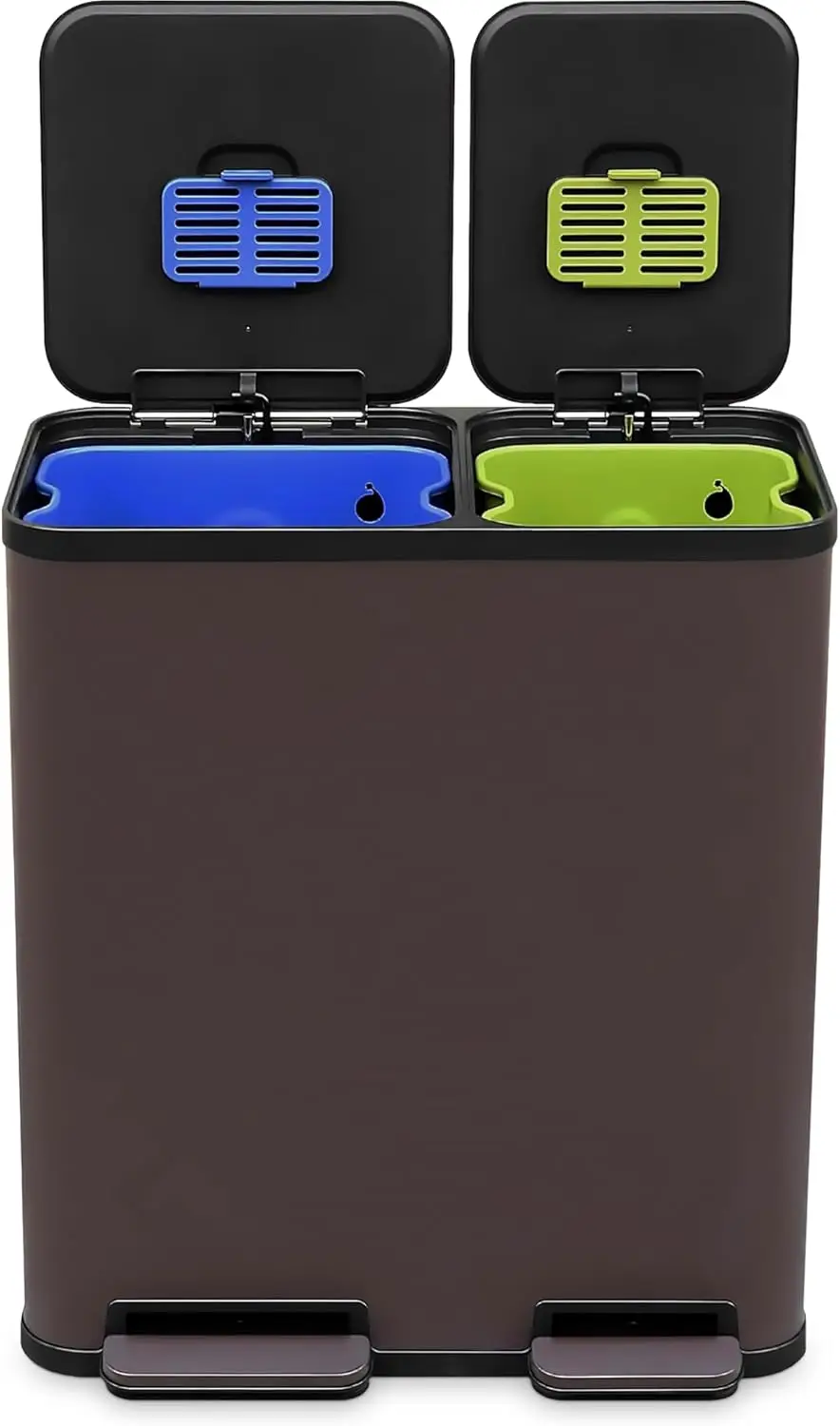 

70L Dual Compartment Step Trash Can with Soft-Close Lid, Stainless Steel Foot Pedal, Brown