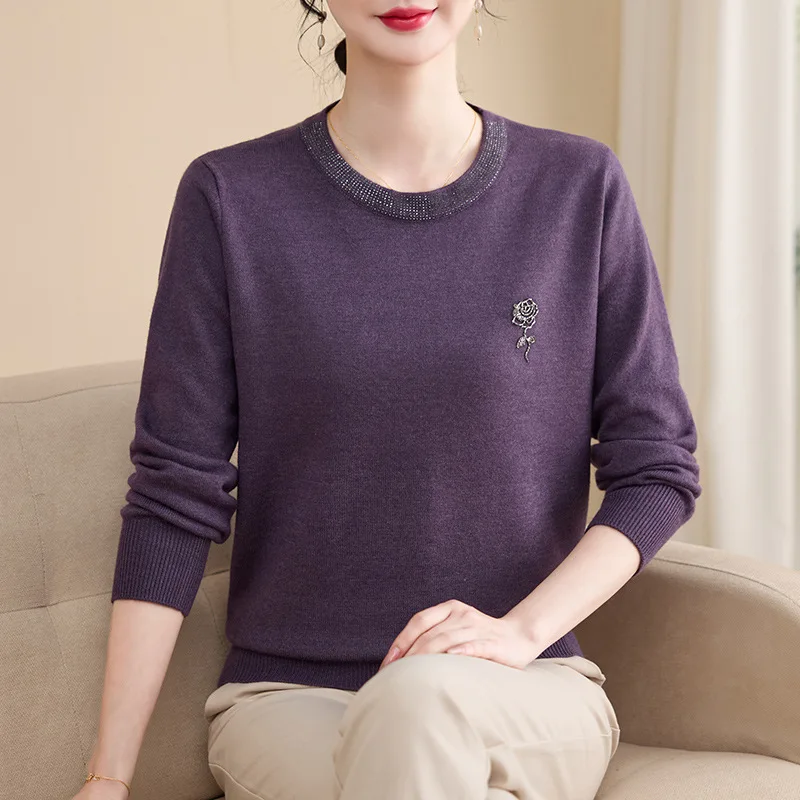Mère d'âge moyen tricots haut col rond à manches longues tricot femmes pull printemps automne pull Blouse pull femme vêtements
