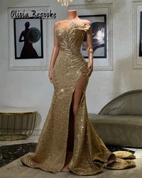 Chic Golden Beads Prom Dresses For Special Events 2024 Birthday Luxury Dress Split Cocktail Gown Black Girl Mermaid Customized
