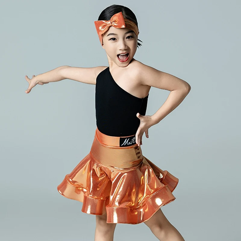 

2025 Kids Latin Dance Costume Girls Performance Clothe Slant Shoulder Tops Glossy Orange Skirt Cha Cha Practice Dress DNV23097