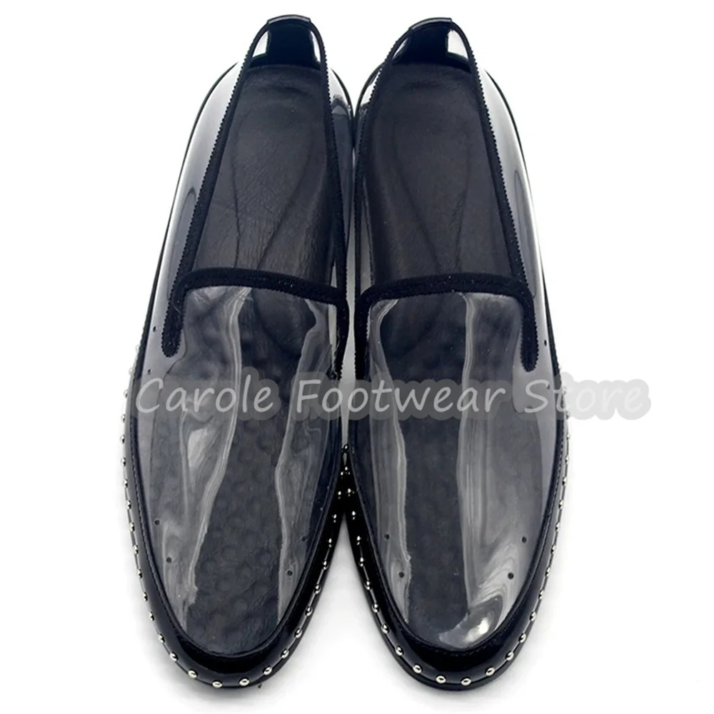 Transparent Pvc Splicing Leather Loafers for Men Punk Rivet Decor Low Heel Slip On Dress Shoes Male Wedding Party Dress Oxfords