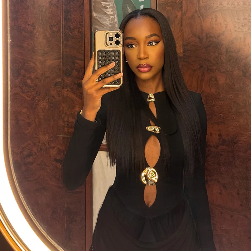 ملابس نسائية فستان مطوي بأكمام طويلة لخريف وشتاء 2025 فساتين قصيرة مثيرة مفرغة للحفلات أنيقة فاخرة