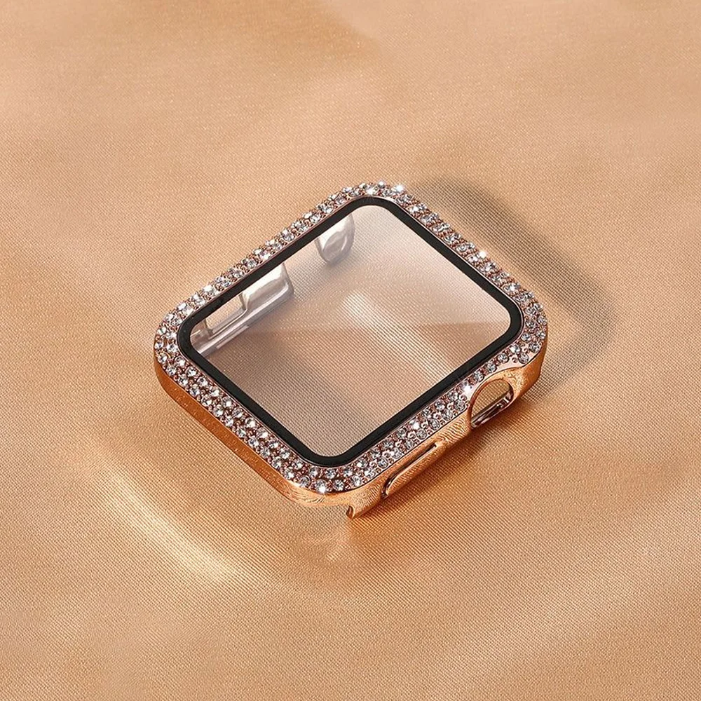 Penutup Berlian untuk Casing Jam Tangan Apple 45Mm-44Mm 41Mm-40Mm Kaca Antigores + Pelindung Layar Bumper Bling Seri IWatch SE 9 8 7 6 5 4