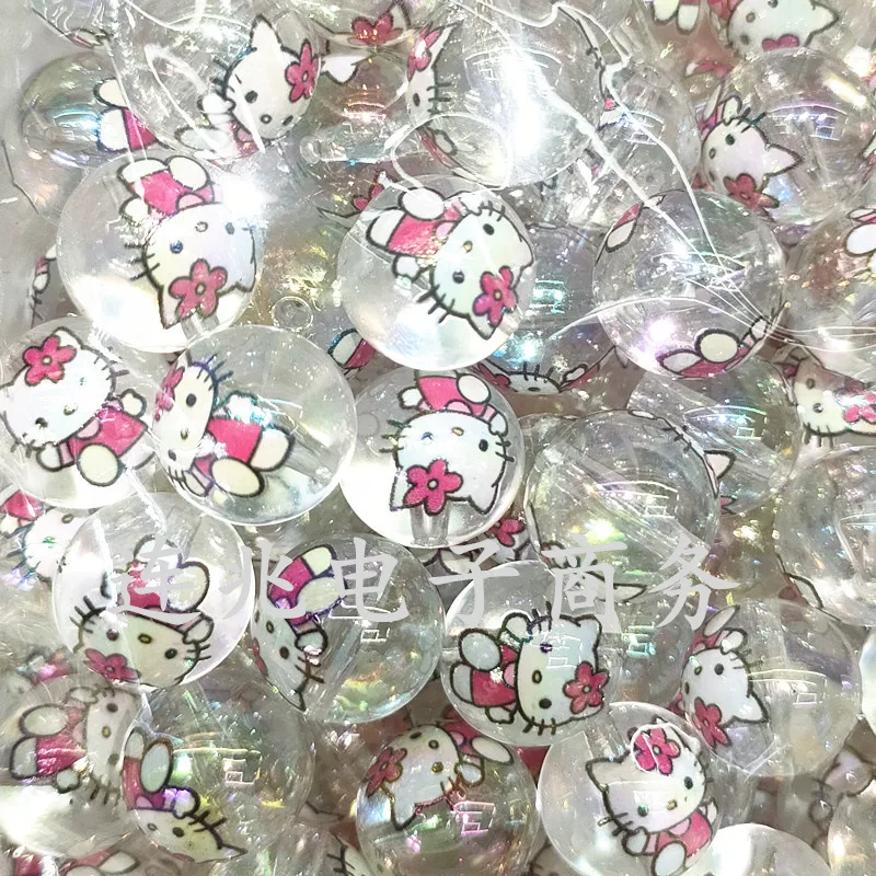 Hellokitty-grânulos acrílicos transparentes, 5pcs, 16mm, fundo transparente impresso grânulos, fazer jóias diy, pulseiras materiais