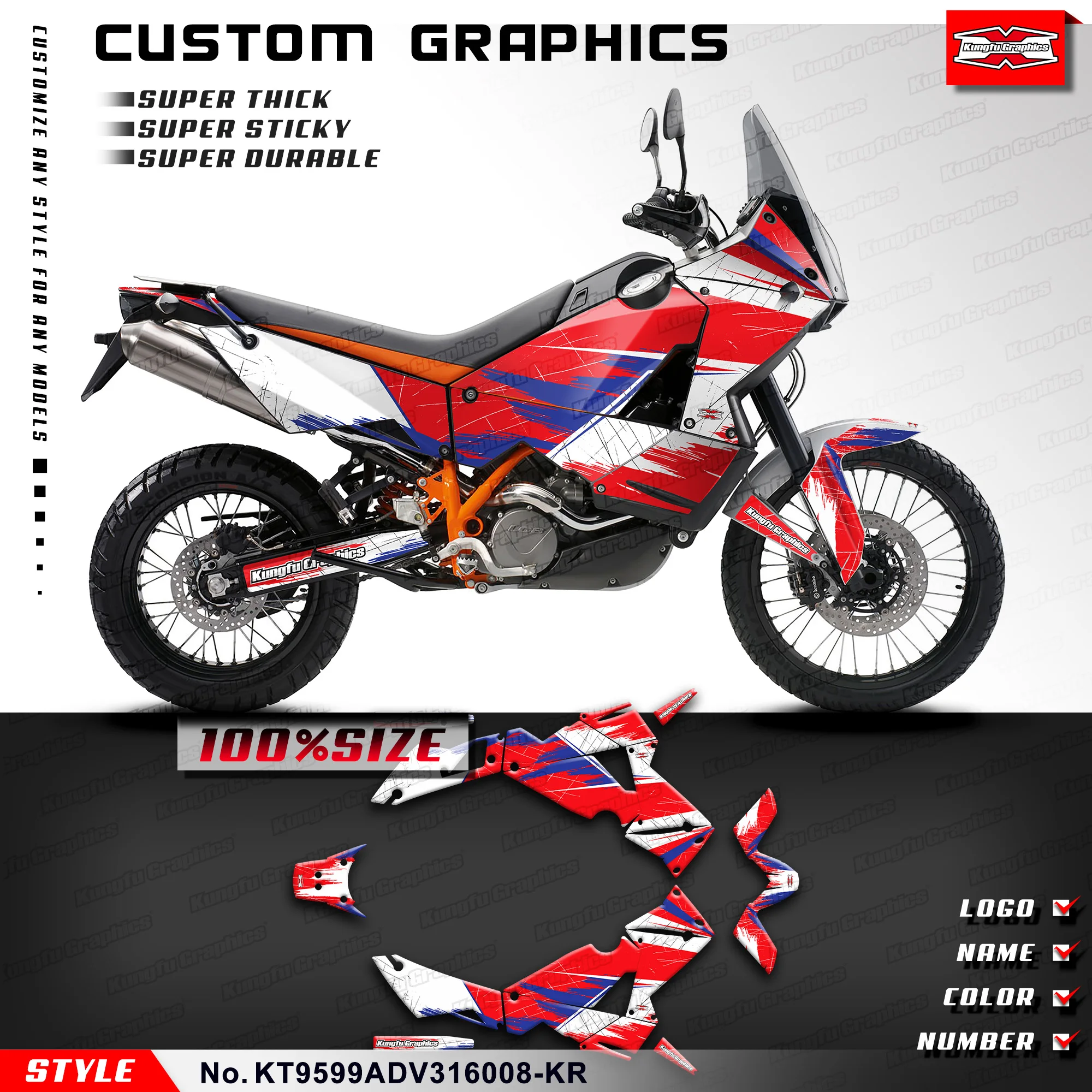 

KUNGFU GRAPHICS Full Wrap Kit PVC Stickers for KTM 950 990 Adventure 2003 2004 2005 2006 2007 2008 2009 2010 2011 2012-2016, Red