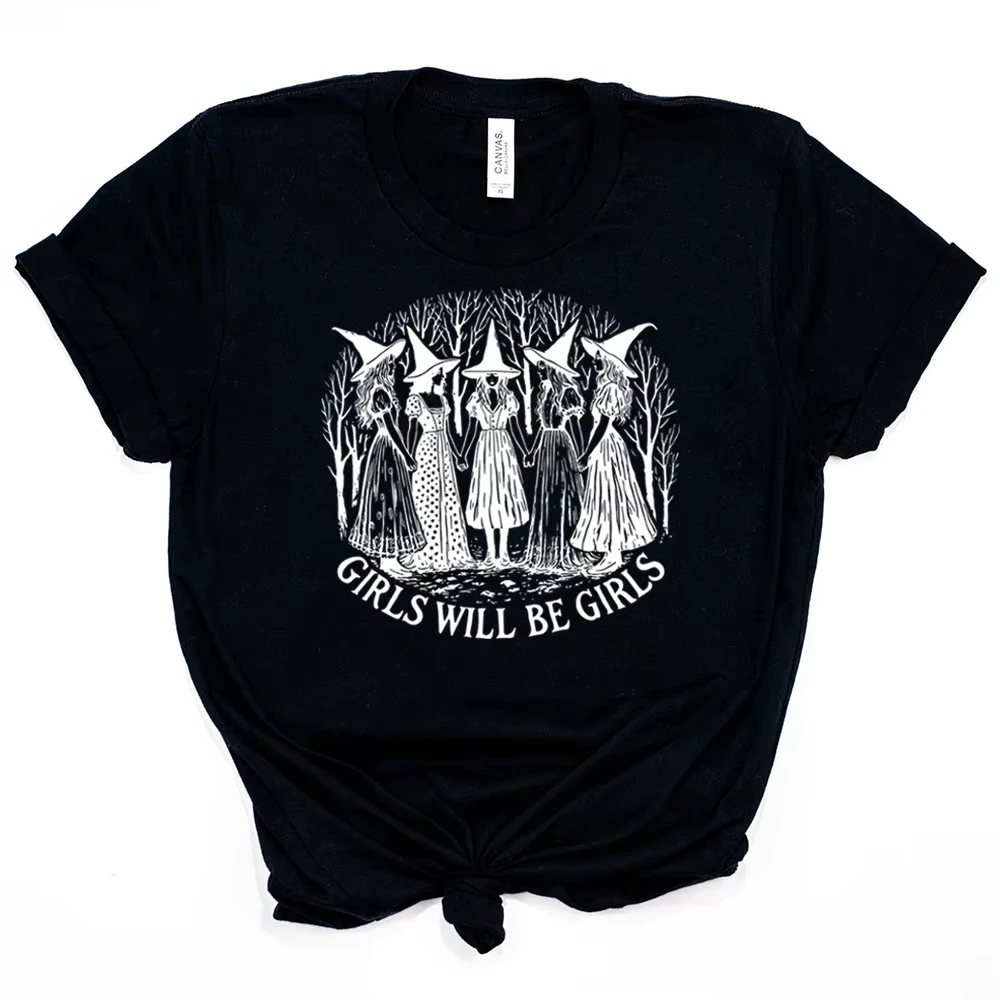 Koszulka Dziewczęca z Nadrukiem: Wiedźmy Są Dziewczynami, Śmieszne Koszulki z Wiedźmami, Girl Power, Damskie Ubrania Vintage, Koszulki z Motywem Wiedźmy, Codzienna Odzież Uliczna