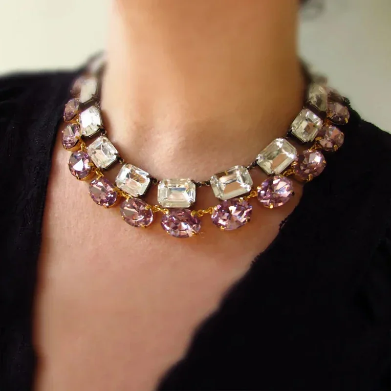 Simple Shiny Square Large Crystal Necklace Ladies Party Ball Fashion White Crystal Lock Bone Chain Jewelry Accessories